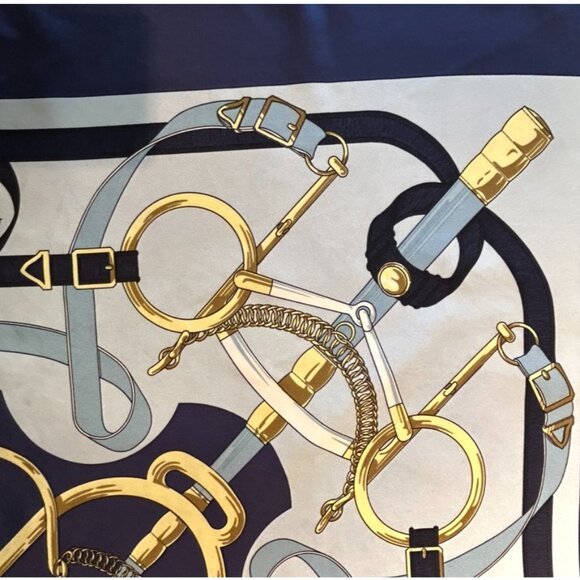 Vintage Hermes Pellier Paris Eperon d' Or Silk Scarf Blues with light Gray - Picture 12 of 16